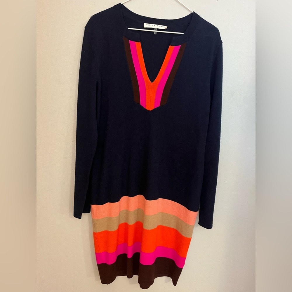 Trina Turk Camp Colorblock Navy Blue Sweater Knit Dress - M